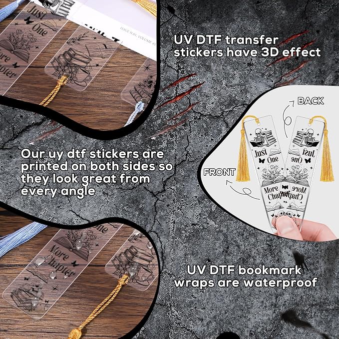 UV DTF Bookmark Wraps - 24 Sheets Skeleton Reading Books UV DTF Stickers for Acrylic Bookmark Blanks, Black Skull Romantic Rub on Transfer Decals for Book Lover DIY Crafts Gift