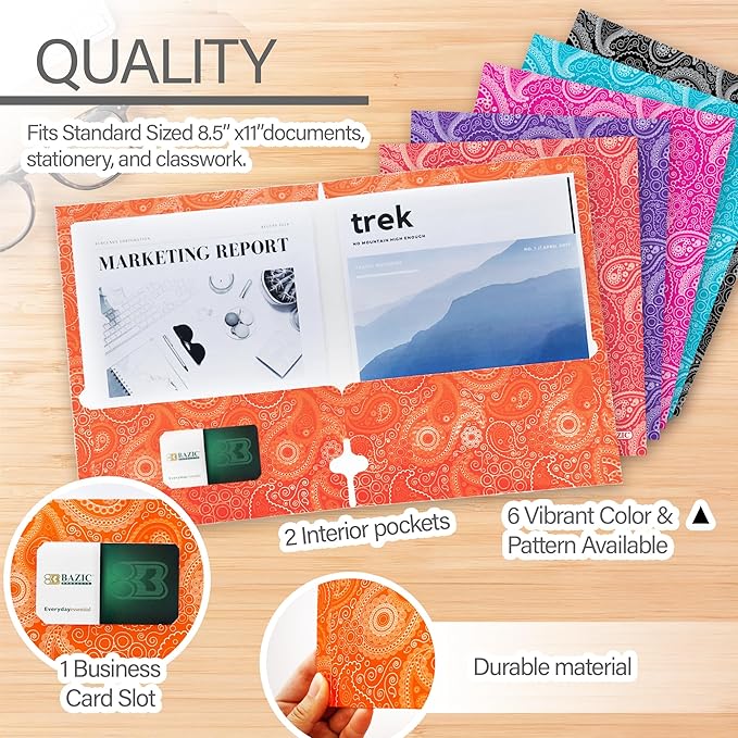 BAZIC Products 2 Pocket Paper Folder, Letter Size Document Organizer for School, Office, Business Use, Paisley Design Portfolio Folder for Homework, Reports & Forms, Assorted Colors, 48-Pack