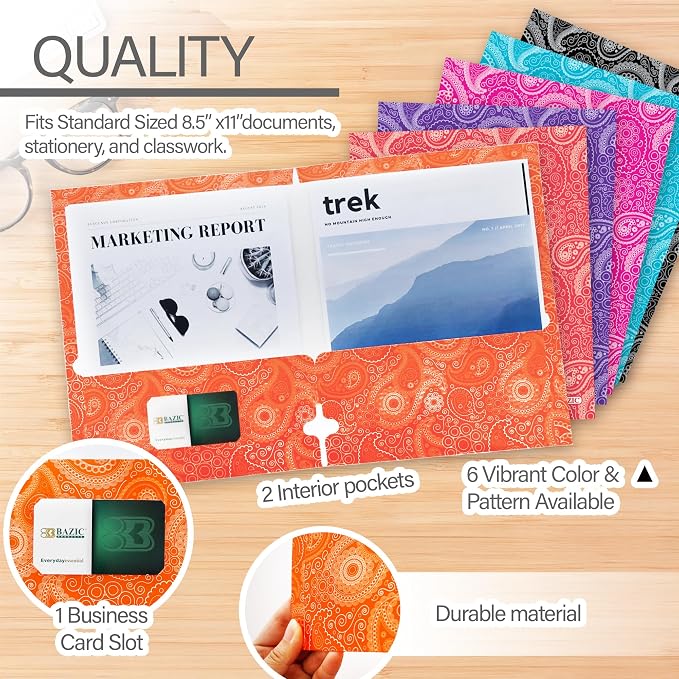 BAZIC Products Paisley Paper 2-Pocket Folder, Standard Letter Folder, for School Office Documents, Set of 6
