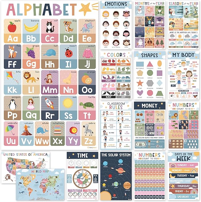 KINGPRINT 16 Laminated Educational Posters For Toddlers (11"x17"), Boho Posters For Classroom, Homeschool Must Haves For Kids, Prek Learning, Preschool Classroom Supplies, Kindergarten Decor