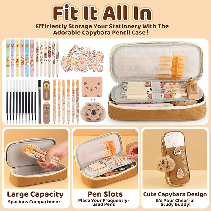 Capybara Gifts Box, Cute Capybara Toy for Girls Kids for Back to School, Birthday, Christmas Gifts with Pencil case, Highlighters, Gel Pens, Pencils, Erasers, Stickers, Sticky Notes, Fuzzy Pendant