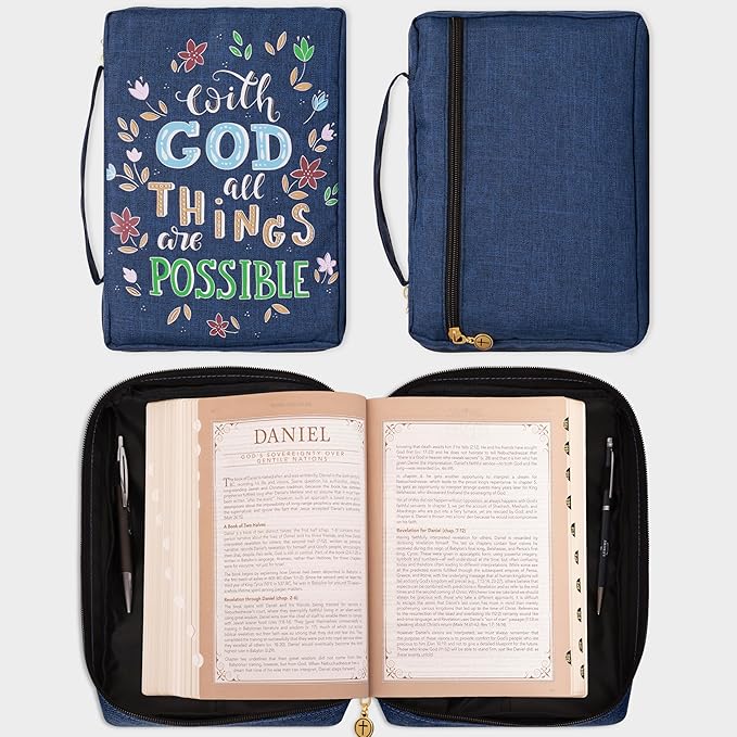 Christian Art Gifts Men/Women's Bible Cover with God All Things are Possible Matthew 19:26, Blue Floral Canvas, Medium