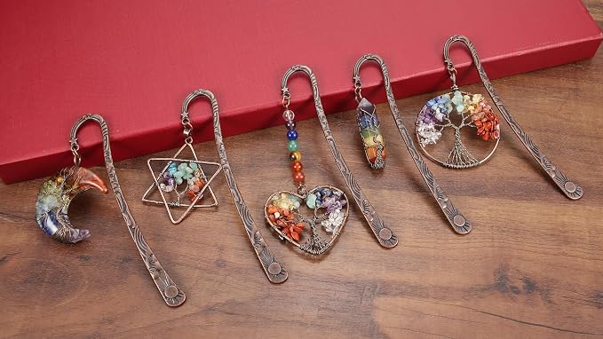 Jovivi 7 Chakra Crystal Bookmark,Antique Copper Metal Bookmark,Handmade Vintage Healing Crystals Heart Tree Life Tumbled Gemstone Pendant Bookmarks Gifts for Women Men Book Lovers