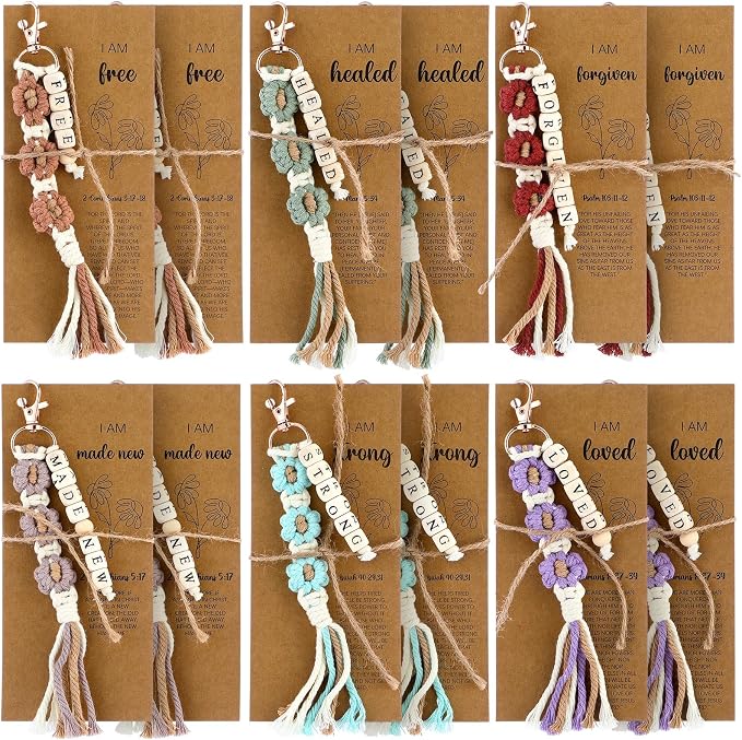 Gerrii 12 Set Back to School Keychains Bulk Christian Gifts for Women Christian Faith Bookmarks with Inspirational Bible Verses Macrame Tassel Keychain Classroom Prize Bible Verse Gift (Bright)