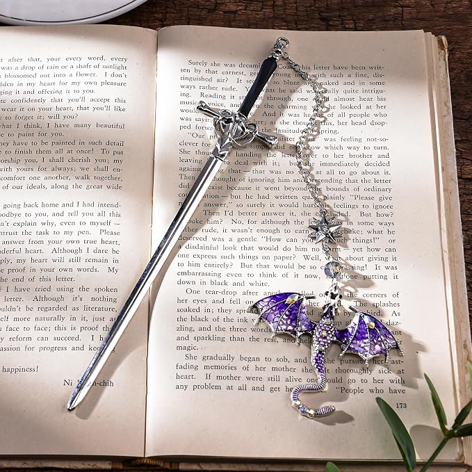 Fantasy Fourth Wing Bookmark - Cool Sward Dragon Book Mark Unique Vintage Tassel Metal Pendant Antique Silver Purple Page Markers Reading Lovers Women Men Teachers Birthday Christmas Gifts