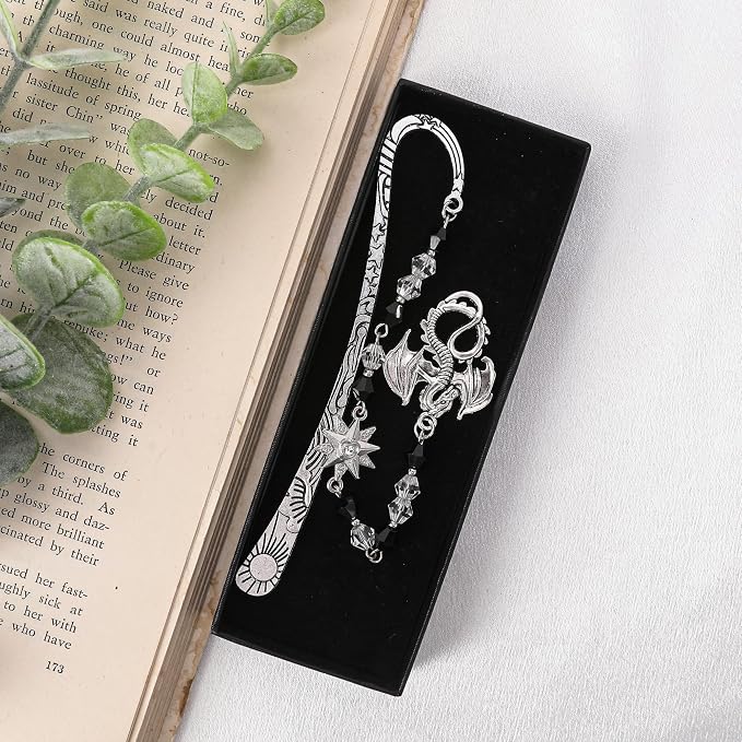 Fantasy Dragon Metal Bookmark - Silver Vintage Wing Beaded Hook Book Marks Fourth Star Charm Cool Unique Page Mark Office School Supplies Gifts for Men Students Teachers Reading Lover Reader