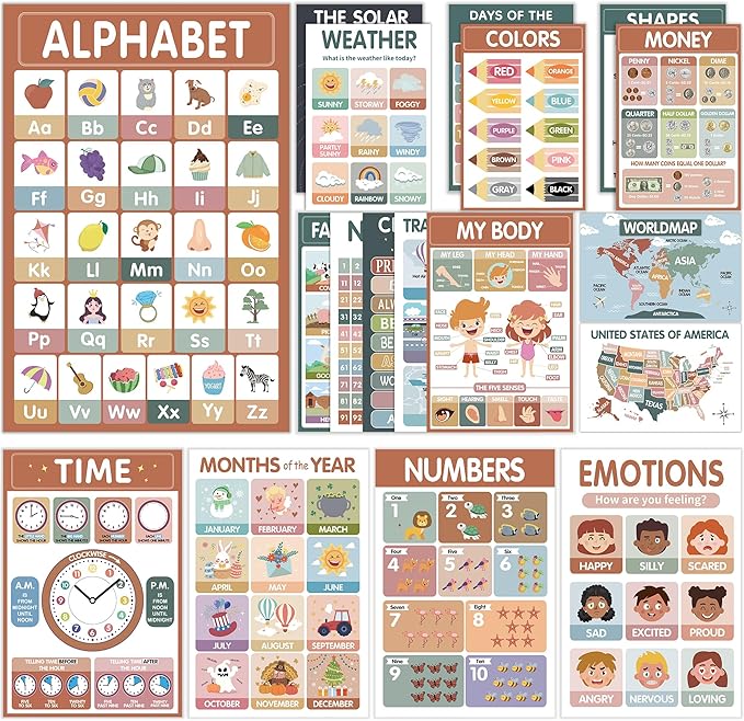 MYLONGINGCHARM 18 Pcs Boho Groovy Educational Posters for Toddlers 1-3,Laminated Pre-K and Kindergarten Learning Poster Charts - Homeschool and Classroom Decor for Kids' Walls