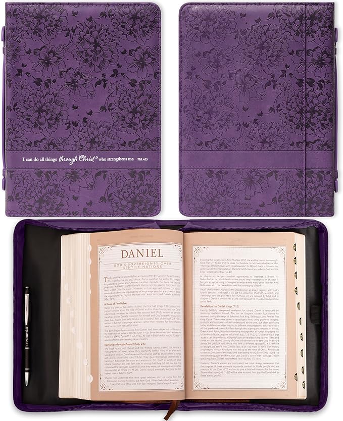 Christian Art Gifts Women's Fashion Bible Cover I Can Do All Things Philippians 4:13, Purple Floral Faux Leather (Large)