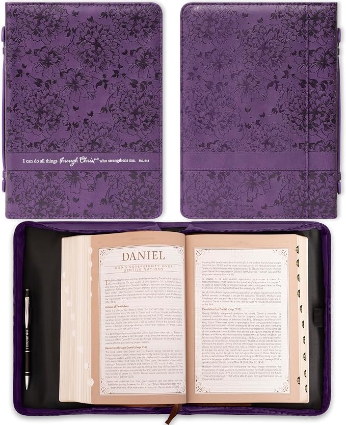 Christian Art Gifts Women's Fashion Bible Cover I Can Do All Things Philippians 4:13, Purple Floral Faux Leather (Large)