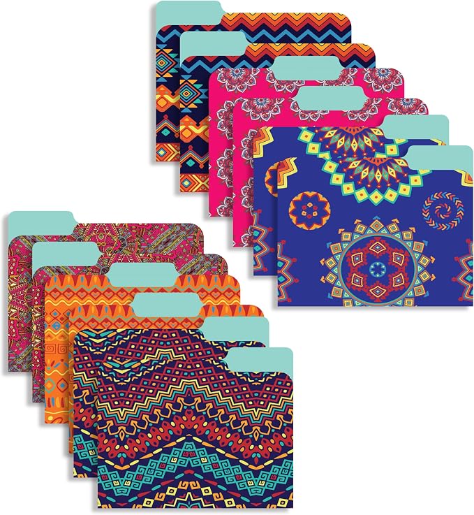 Decorative File Folders 1/3 Cut Tab, 12 Pack Ethnic Design, Heavyweight Laminated Letter Size (9.5” x 11.5”), Stylish Fashion File Folders for Home, Office & School Organization.