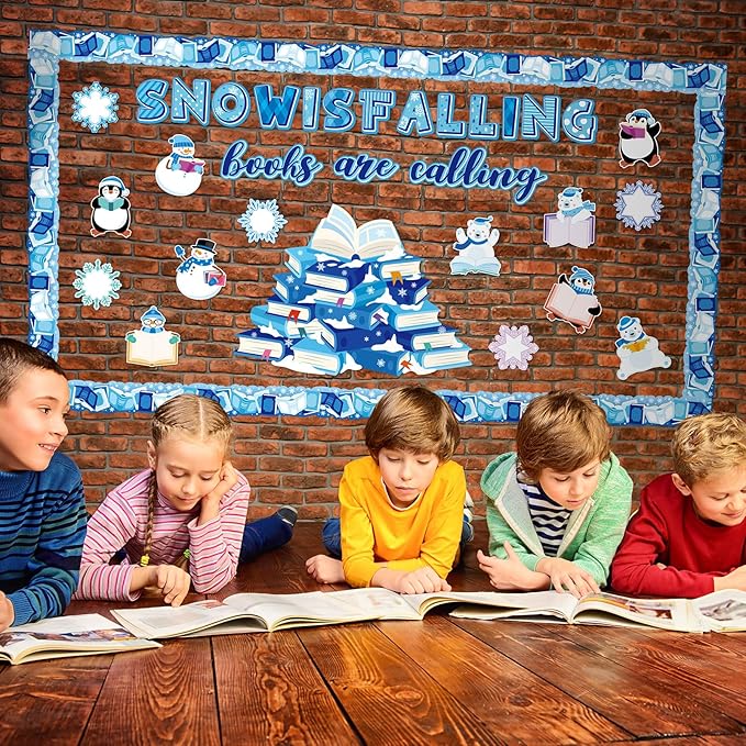 Honoson 64 Pcs Winter Bulletin Board Decoration Set Snowflake Bulletin Boards Winter Reading Classroom Decorations Book Cutouts for School Home Reading DIY Craft Chalkboard Window Wall Decor(Snow)