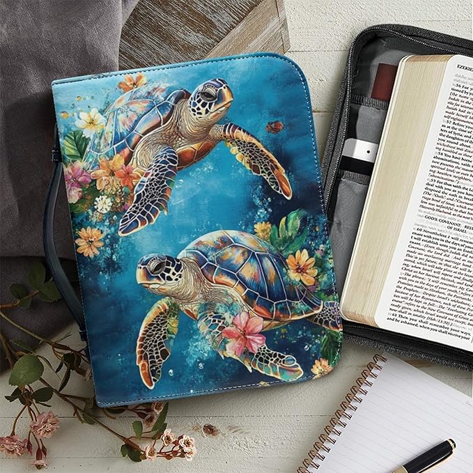 Sea Turtle Bible Cover Case for Women Girls Blue Sea Bible Cases Bible Study Accessories Supplies Bibles Holder Case Bibl e Bag-Size M