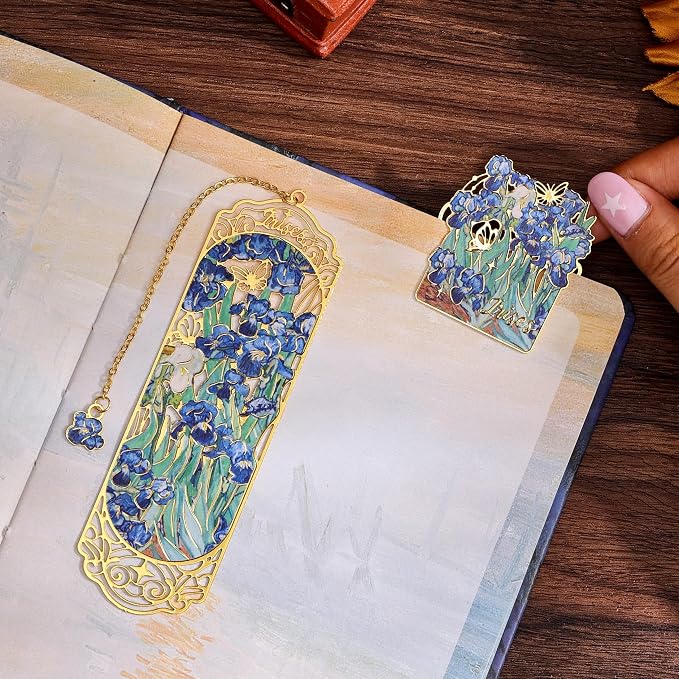 Luxury Metal Bookmark & Book Clip Gift Set, Oil Painting Themed Irises, 1 Bookmark with Pendant + 1 Book Clip, Elegant Christmas New Year Gift Box for Women Book Lovers Writers Readers Teenage
