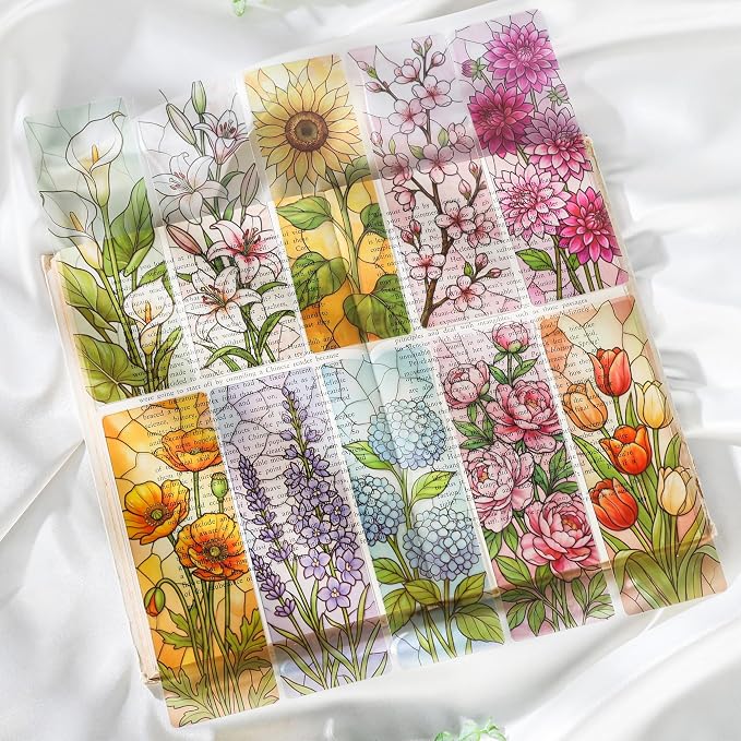 Pretty Flower Bookmark Gifts - 10 Pcs Aesthetic Floral Stained Glass Bookmarks for Women Students Book Lovers Page Clips Bookish Birthday Graduation Gift School Office Reading Accessories