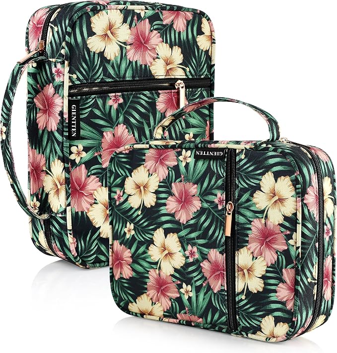Bible Cover for Women with Flowers Printing, Bible Case,Bible Bag, Study Bible Case,Covers for Bible,Bible Boooks Covers for Women (600D Polyester, Green Leaves Flower Printing)