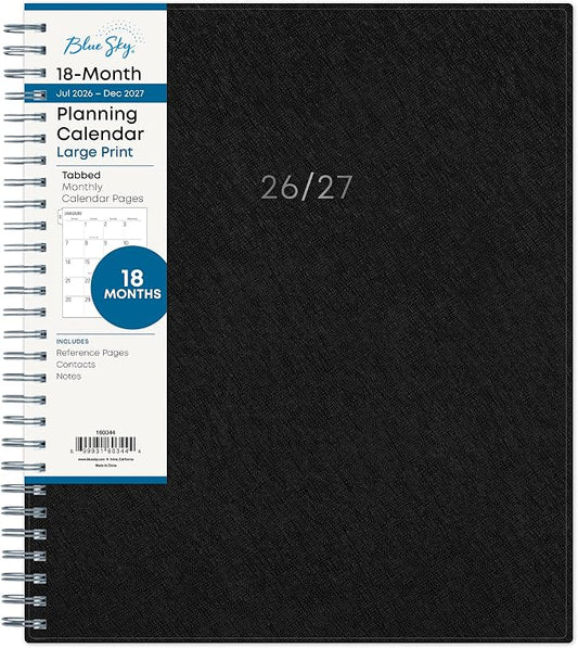 Blue Sky 2027 18 Month Large Print Monthly Planner Calendar, July 2026 - December 2027, 8" x 10", Monthly Layout, Flexible Cover, Durable Twin wire Binding, Laminated Tabs, Solid Black
