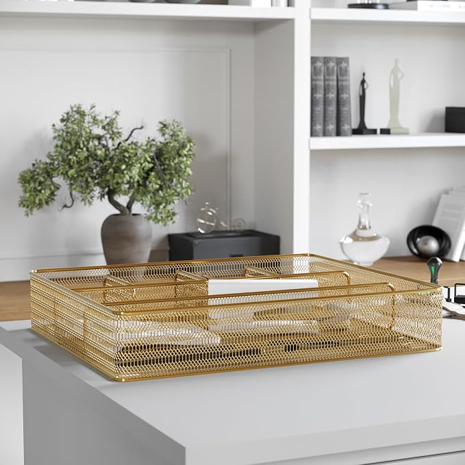 Martha Stewart Ryder Gold Mesh Metal 6 Compartment Large Desk Drawer Organizer for Accessories and Office Supplies