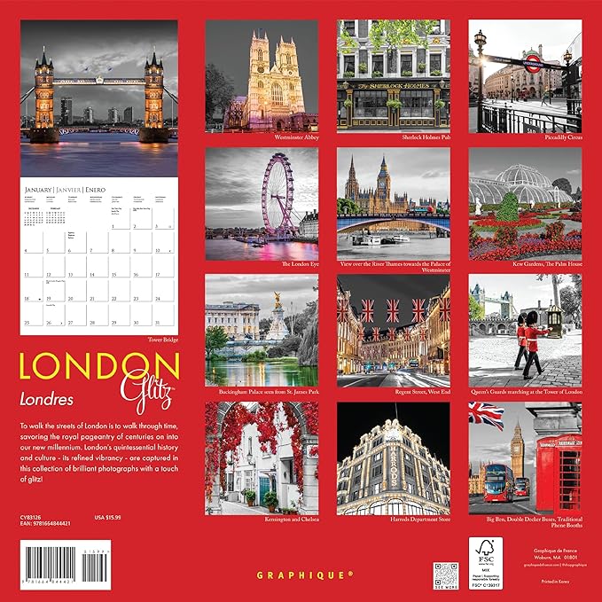 Graphique 2026 London Glitz Wall Calendar | 12” x 12” | Thick Paper | Home & Office Organizer | Large Monthly Grid | 3 Languages & Marked Holidays | 4 Month Preview Page for 2027