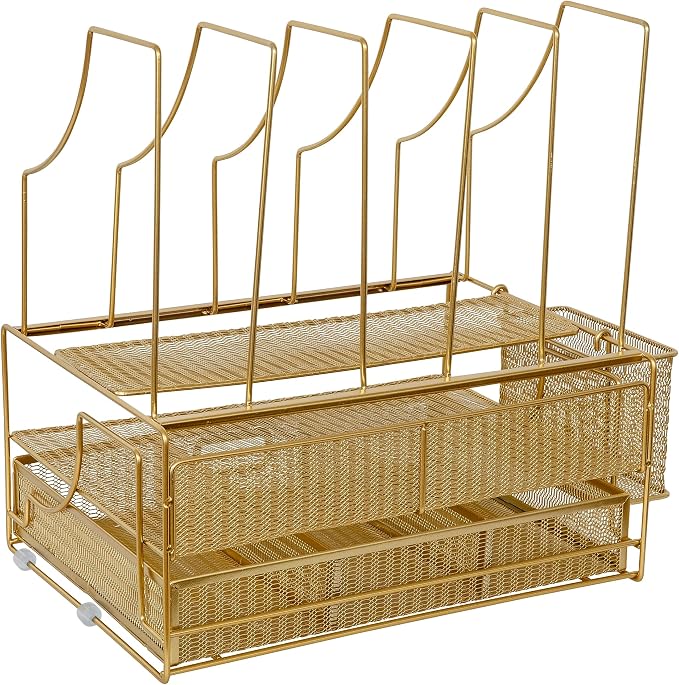 Martha Stewart Ryder Gold Mesh Metal Large Desktop Organizer With Paper File Letter Holder Organizer and Drawer