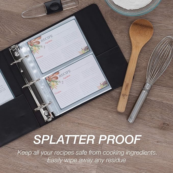 Samsill 4x6 Recipe Card Protectors, Splatter Proof, 2-4 Recipe Cards Per Sheet, Fits 8" x 9" - 3 Ring Binders, 25 Pack
