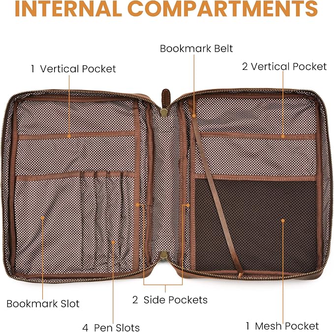 LEATHER VILLAGE Genuine Leather Bible Cover with Zipper for Men & Women - Large Bible Case Carrying Bag Book Cover & Organizer with Handle and Pockets - Leather Bible Covers for Church Study - Brown