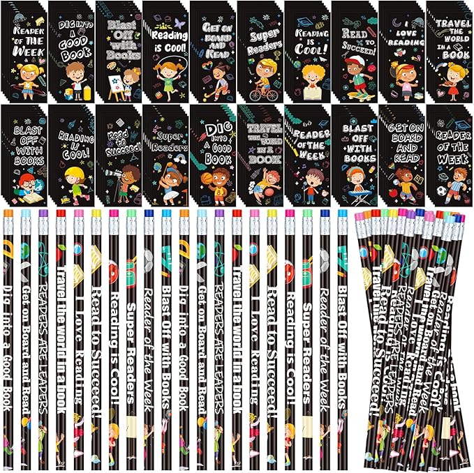 240 Pcs Reading Bookmarks Pencils Bulk 120 Set Fun Bookmarks Pencils Reading Student Gifts 100th Day of School Prizes Classroom Reward Supplies for Book Lover Club Favor Bookish