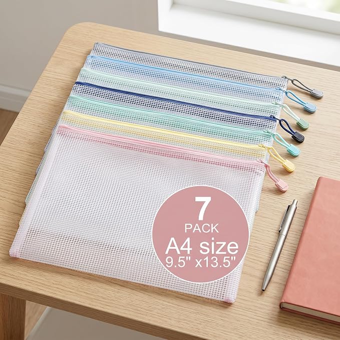 7 Pack Mesh Zipper Pouch Bags, A4 Plastic Zipper Bags,Waterproof File Pouches for Office Supplies, Travel, Storage, Puzzles & Board Games