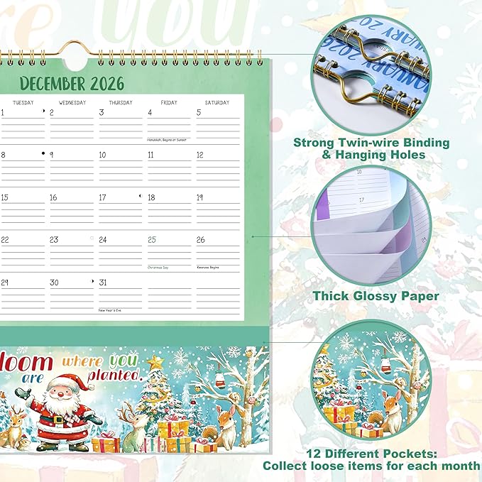 2026 Wall Calendar - 2026 Calendar with Pockets, 12" x 12", Jan. 2026 - Dec. 2026, with Ample Ruled Space, Holidays, 2-Sided Pockets, 12 Seasonal Calendar 2026, Great for Home & Office