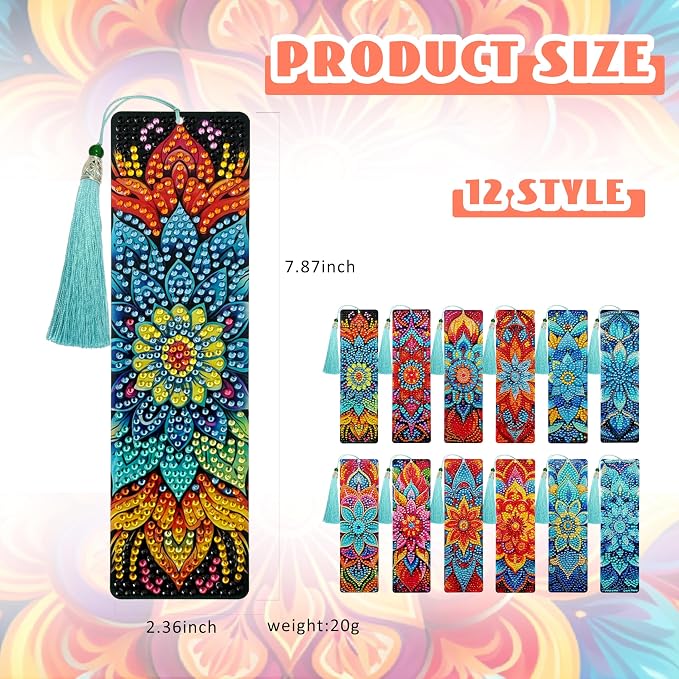 12 Pcs DIY Mandala Diamond Art Bookmarks for Adults Women Beginners Acrylic Dotz Kit 5d Floral Rhinestone Diamond Painting Bookmarks Diamond Art Book Marks with Tassels Crafts Supply