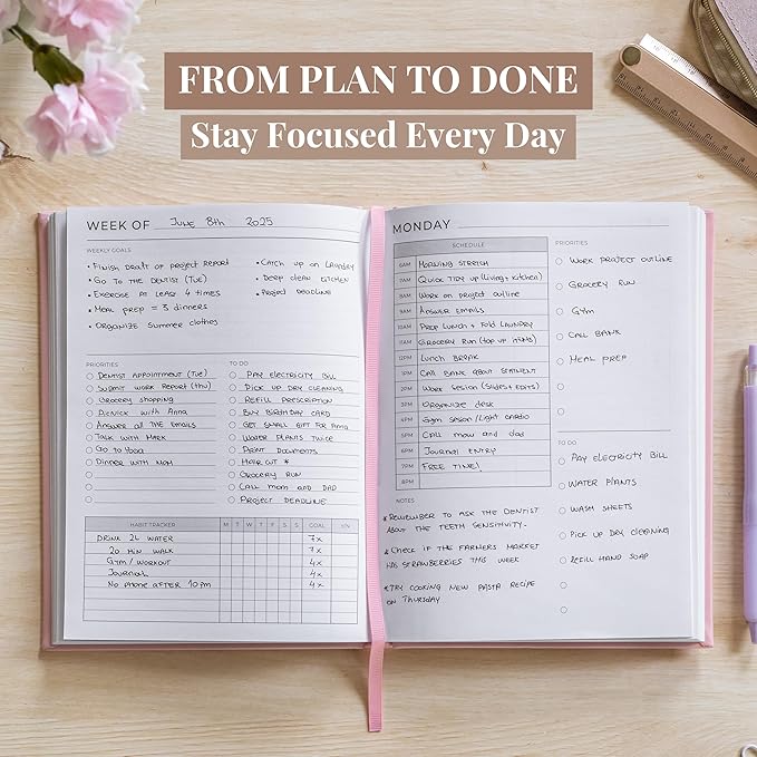 Rileys & Co Undated Daily Planner 8 x 6 in, Day Schedule Planner & Agenda Book, Journal with Goal & Habit Tracker, No Dates Dateless Annual Organizer for Work, School & Home - Pink