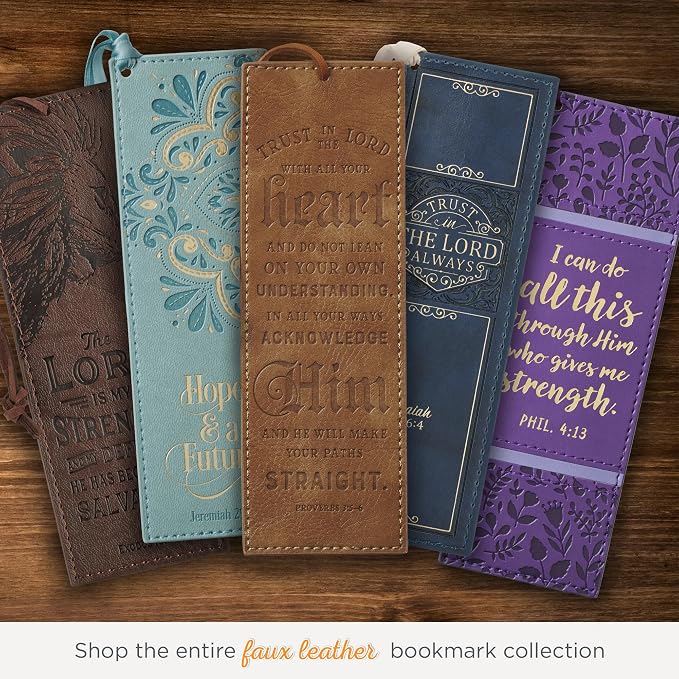 Christian Art Gifts Premium Faux Leather Scripture Bookmark for Men & Women: Trust in The Lord - Proverbs 3:5-6 Inspirational Bible Verse, Heat-Debossed, Brown with Cord Tassel, Reading Book Accessory