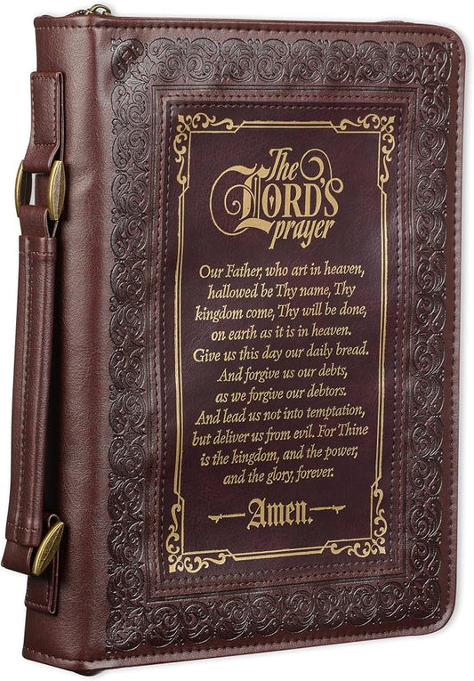 Christian Art Gifts Classic Bible & Book Cover for Men & Women: The Lord's Prayer - Matthew 6:9-13 Inspirational Scripture Carry Case Accessory with Pockets, Walnut Brown & Burgundy with Gold, Medium