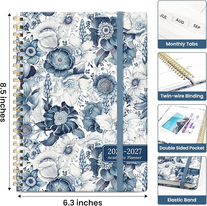 Planner 2026-2027, Academic Year Monthly and Weekly Calendar Planner, Jul 2026 - Jun 2027, Hardcover Teacher Student Planning Agenda book with Tabs, Perfect for School Office Supplies, 6.3" x 8.5" - Blue Floral