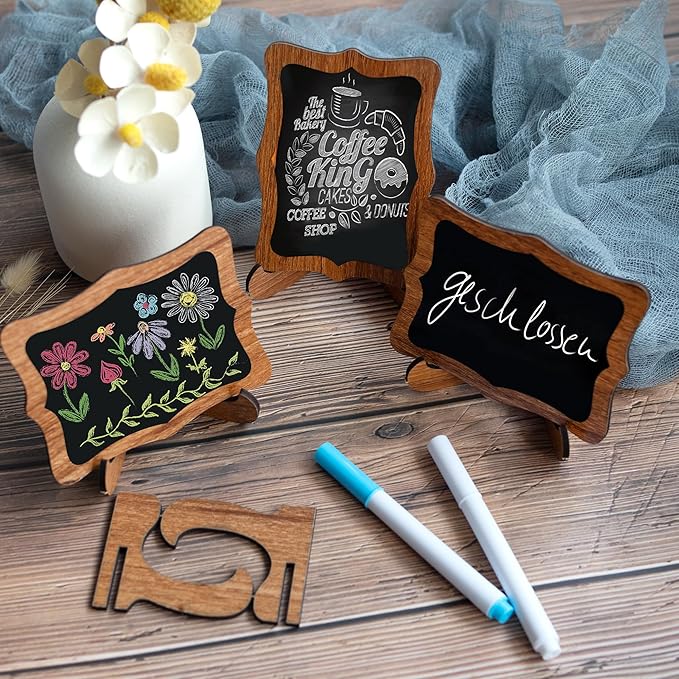 Temlum 15 Pcs Mini Chalkboard Sign with 6 Color Chalk Markers, 2.9″ x 3.9″ Wooden Blackboard Reusable Small Chalkboards for Food, Buffet, Parties, Message Boards, Table Numbers (Wavy Shaped)
