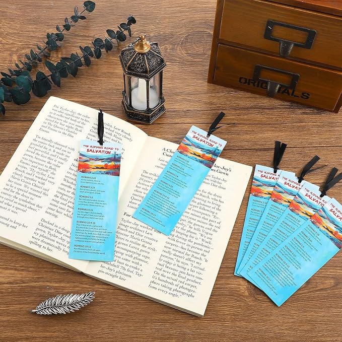 50 PCS Romans Road to Salvation Bookmarks King James Version Translation Romans Road Bookmark Cards Roman's Road to Salvation Bookmarks with 50 PCS Hanging Strings 6 x 2 Inches