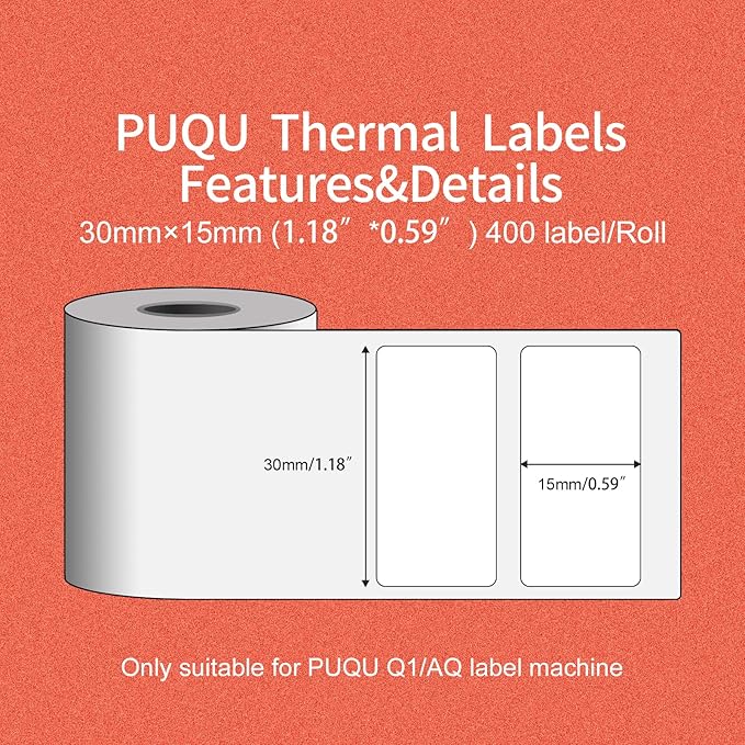PUQU 30x15mm Direct Thermal Sticker Labels, Self-Adhesive All-Purpose Label Maker Tape, Compatible with AQ/Q1 Series Label Printer, Refills Standard Laminated Office Labeling, 1 Rolls of 400 Labels
