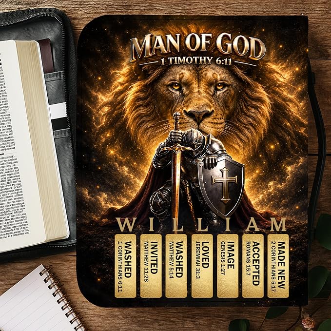 Personalized Man of God Bible Cover for Men, Christian PU Leather Bible Case with Handle Zipper, God Says I Am Warrior Scripture Bible Holder, Religious Gift for Men (Man of God Bible Verse)