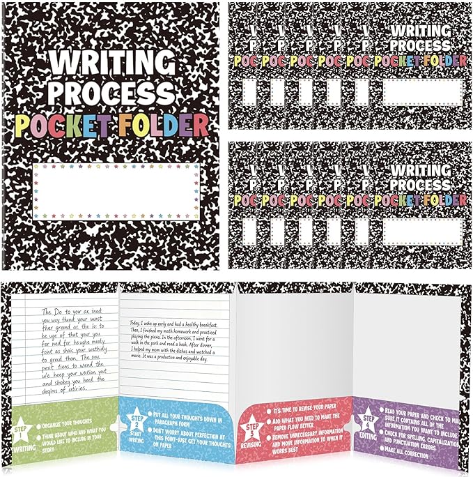 Cinrobiye 24 Pcs Composition Notebook Writing Process Pocket Folders,4 Colorful Labeled Pockets for Prewriting Drafting Revising Editing Classroom Homework Organizer School Supplies