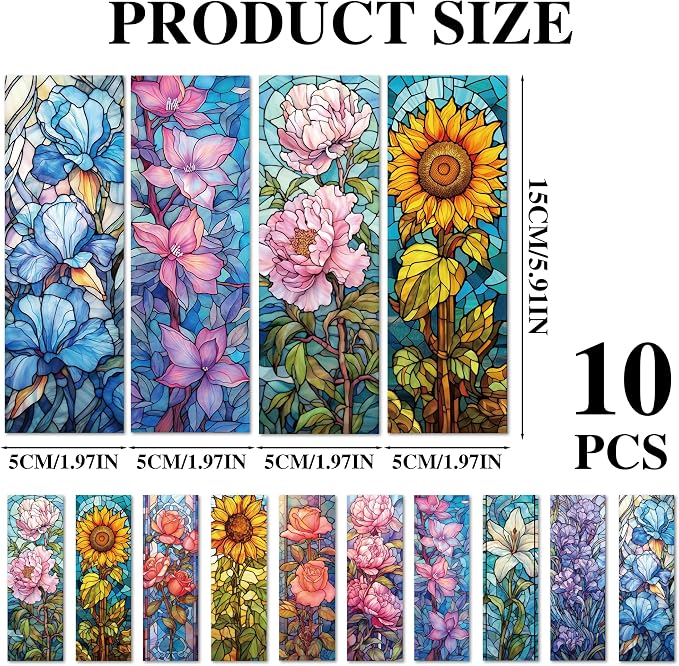 Aesthetic Flower Bookmark Gifts - 10 Pcs Personalized Art Stained Glass Bookmarks for Women Girls Book Lovers Vintage Floral Page Marks School Reading Accessories Bookish Gift for Birthday