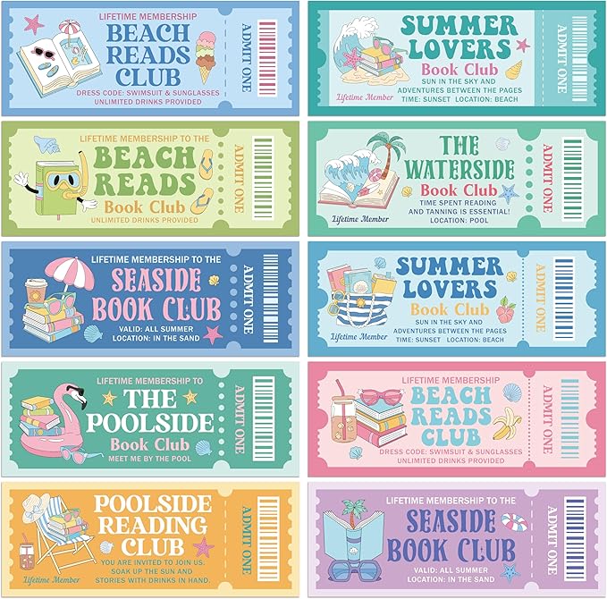 Laffact Summer Book Club Ticket Bookmarks - 240Pcs Cute Vacation Bookmarks Poolside Reading Tracker Page Marker, Readers Accessories Book Club Gifts for Book Lover Bookish Birthday Summer Party Favors