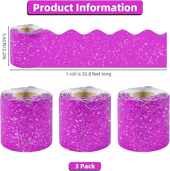 3 Rolls 98.4 Ft Glitter Bulletin Board Borders Set - Rose Red Bulletin Board Decorations for Classroom, Office，School Supplies & Home DIY - Perfect for Teachers, Posters & Birthday Party Decor