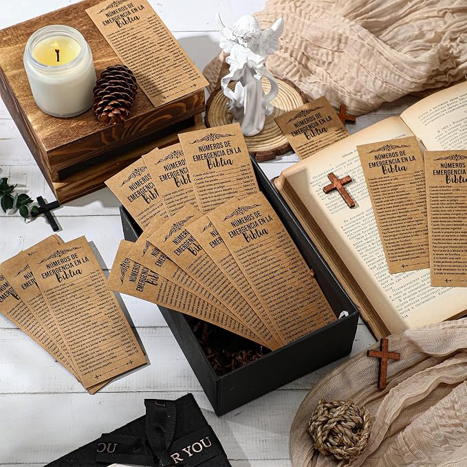 Motiskyy 100 Pcs Spanish Bible Emergency Numbers Bookmark Christian Church Gift 6 x 2.36 Inches Religious Bookmarks for Daily Encouragement Church Favor Welcome Sunday School Teacher(Brown)