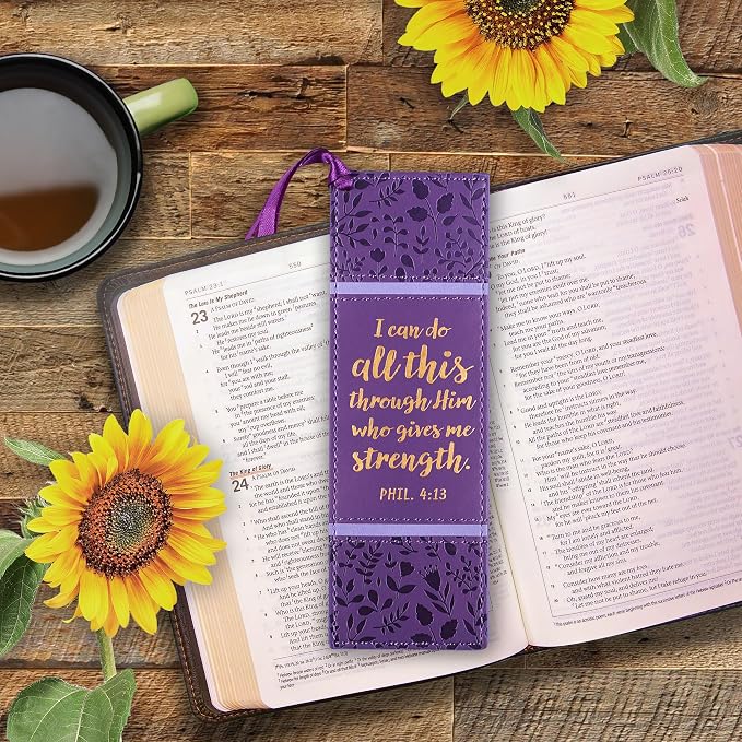 Christian Art Gifts Inspirational Premium Vegan Leather Scripture Bookmark for Women: I Can Do All This Encouraging Bible Verse, Satin Ribbon Tassel for Reading, Heat-Debossed, Purple Floral & Gold