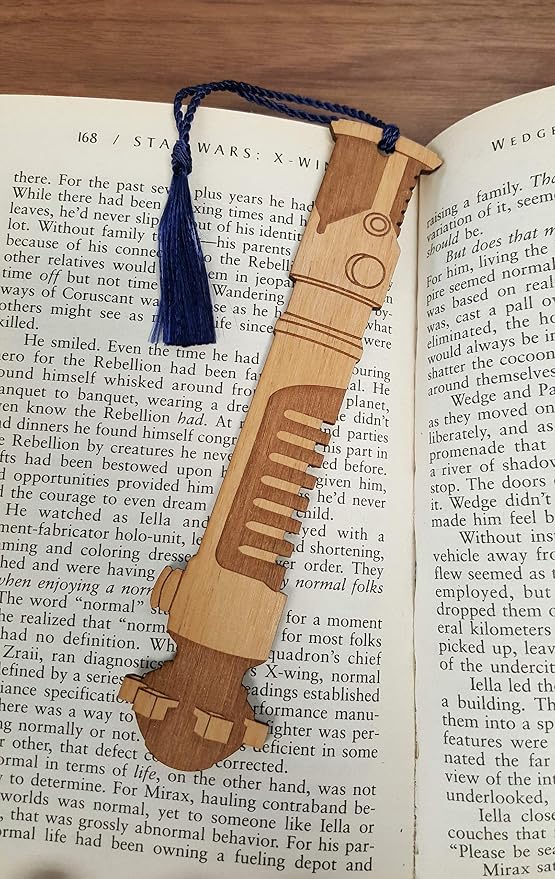 Star Wars OBI Wan Kenobi Prequel Lightsaber Bookmark - Laser Engraved - Made in the USA - Wood Book Mark with Navy Blue Tassel