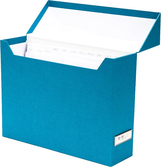 Bigso Lovisa Fiberboard Label Frame 12 File Storage Box | Document Organizer for Important Paperwork | Durable Hanging File Box with a Flip Top Lid & Metal Label Window | 3.7” x 13” x 9.4” | Turquoise