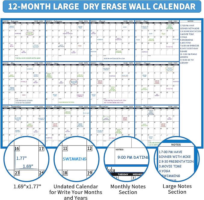 Large Dry Erase Calendar - Undated Wall Calendar Dry Erase, 58" x 37", 12-Month Dry Erase Calendar with 10 Round Stickers