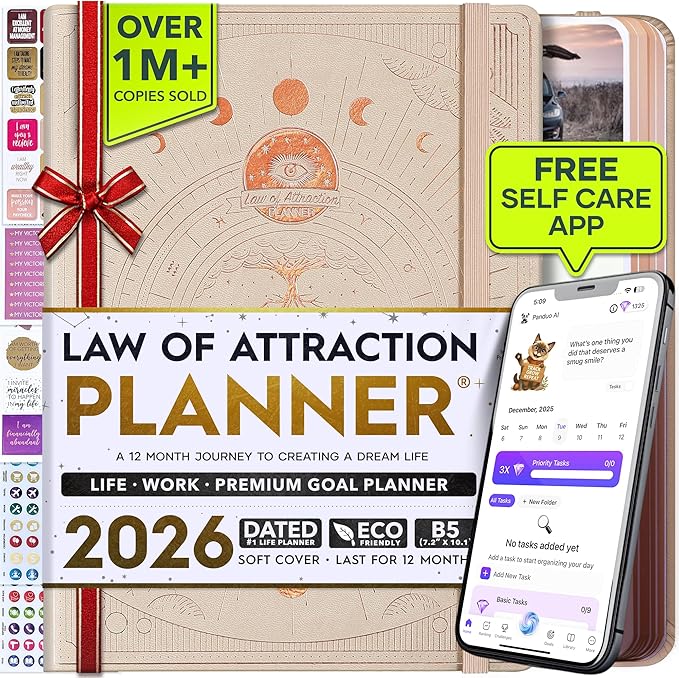 Deluxe 2026 Planner Weekly and Monthly | Law of Attraction Planner with Productivity App | 12-Month for Productivity, Gratitude & Goal Setting | Includes Foldable Vision Board, Gift Box & Stickers