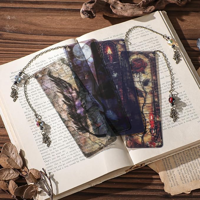 Dark Romance Bookmark Gifts - 4 Pcs Gothic Stained Glass Bookmarks for Women Book Lovers Rose Tassels Beaded Page Marks Reading Accessories Bookish Gift for Birthday Back to School Halloween