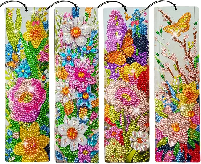 4 Pcs LINGFANG Diamond Painting Bookmark, Leather DIY Book Makers for Adults Book Lovers, Diamond Art Beginners, Small Diamond Art Kits, Art Crafts Supplies Gift for Girls (Flower Butterfly)