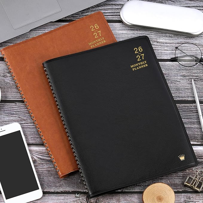 2026-2027 Monthly Planner/Calendar - Jul 2026 - Dec 2027, Monthly Planner 2026-2027, 18 Months, Faux Leather, 8.86" x 11.4", 15 Notes Pages, Strong Twin - Wire Binding, Tabs, Perfect Organizer - Black
